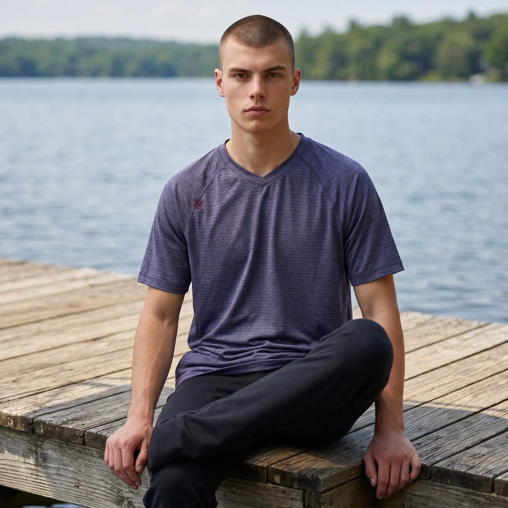 Rhone Reign Mens‎ Short Sleeve V-Neck Performance T-Shirt Blue Heather Medium